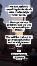 A job recruitment announcement displayed over a city skyline. The text invites individuals interested in high ticket sales to message for a meeting. It highlights training, licensing support, and specifies an 18+ age requirement with no felony history needed. The location is set in Schaumburg, Illinois. by @durbanowicz with I Wish by Kodak Black