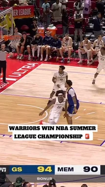 In a thrilling conclusion to the 2026 NBA Summer League, the Golden State Warriors secure their championship title with a dramatic buzzer-beating half-court heave. The final score reads MEM 90, GSW 94, as players erupt in celebration on the court in Las Vegas. by @nba with Original Sound by nba