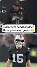 In a press conference setting, an Oakland Raiders coach discusses the need for rookie quarterback Aidan Mendoza to get more reps. On-screen text highlights his comments about needing 'another three preseason games' and 'developing 'em'. The scene cuts to a shot of Mendoza on the field, underscoring the team's focus on preparing their young QB. by @yahoosports with Original Sound by yahoosports