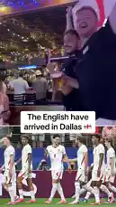 This split-screen video captures the excitement surrounding the England national soccer team's arrival in Dallas. The top panel shows fans cheering enthusiastically inside a sports bar, waving flags and celebrating. The bottom panel features the players in their white jerseys walking onto the pitch, ready for action. The crowd chants 'RAF from England' in unison, creating a powerful atmosphere of support. by @yahoosports with Original Sound by yahoosports