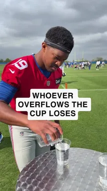 Watch New York Giants players take on a fun water cup challenge on the field! They pour water into cups, testing their skills until one player creates a surprising overflow. The moment is captured live, with players reacting in real-time. The scene then shifts to a science lesson, where the phenomenon is explained as 'surface tension.' This blend of sports, humor, and quick education makes for an engaging and shareable moment. by @newyorkgiants with newyorkgiants by Original Sound