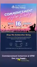 Fleetwood Mac 님이 만든 Dreams 포함 @sbvalleycollege 님이 만든 A promotional graphic for San Bernardino Valley College's Commencement After Party. The event is scheduled for May 16th at 9:00 PM at The Greek Theater. The poster highlights that the celebration continues after the official graduation ceremony with entertainment by DJ Lex, great vibes, and snacks available for purchase. It encourages attendees to 'Keep the Celebration Going' and share their college journey.