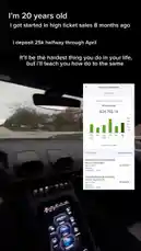 A 20-year-old entrepreneur shares his journey of starting in high-ticket sales just eight months ago. He reveals he has already deposited $25k halfway through April and promises to teach others how to do the same. The video shows him driving a Lamborghini while displaying his income transactions, which total over $24,792 for the year. by @durbanowicz with Original Sound by durbanowicz