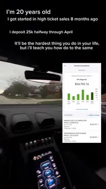 A 20-year-old entrepreneur shares his journey of starting in high-ticket sales just eight months ago. He reveals he has already deposited $25k halfway through April and promises to teach others how to do the same. The video shows him driving a Lamborghini while displaying his income transactions, which total over $24,792 for the year. by @durbanowicz with Original Sound by durbanowicz
