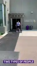This short clip captures Minnesota Vikings football players walking out of their team facility. One player, wearing jersey number 45, is prominently featured as he exits the building and walks toward the camera. The text overlay 'TWO TYPES OF PEOPLE' suggests a social media post, possibly highlighting different player personalities or reactions. The setting is clearly a professional sports environment. by @vikings with original sound