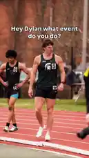 This dynamic video follows athlete Dylan Terryberry through his track and field career. It begins with an interview-style moment on the track, where he's asked about his event, before cutting to action-packed scenes of him competing. The footage showcases his versatility, including a powerful sprint down the track and an impressive pole vault attempt. This behind-the-scenes look highlights the dedication and skill required in collegiate athletics. by @datloading with datloading by Original Sound