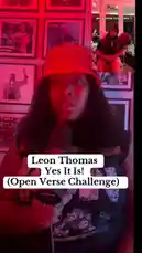 In a vibrant studio bathed in red light, content creator UniquePearlz passionately performs a freestyle rap during the 'Open Verse Challenge.' She delivers lyrics to Leon Thomas' song 'Yes It Is,' with the corresponding text appearing on screen as she raps into a professional microphone. by @uniquepearlz with uniquepearlz by Contains: YES IT IS - Leon Thomas