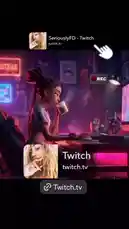 This video provides a clear look at a Twitch streamer's setup, showing a 'LIVE NOW' alert for the channel 'SeriouslyFD'. It features a stylized animated character at a gaming desk with neon lights, a coffee cup, and a computer, all under the prominent 'Twitch.tv' branding. The animation includes a cursor clicking the 'REC' button, demonstrating the live streaming process. by @seriouslyfd with Original Sound by seriouslyfd