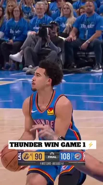 This NBA game highlights capture a pivotal moment as the Oklahoma City Thunder defeat the Los Angeles Lakers 108-90. The sequence features player Scoot Henderson celebrating a crucial play, followed by a close-up of his intense post-game reaction. The final score graphic confirms the Thunder's victory, setting up their series lead. by @nba with Original Sound by nba