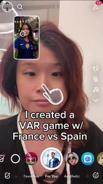 Watch as a user demonstrates creating a custom augmented reality game on Snapchat, simulating a football match between France and Spain. The game features a virtual penalty shootout where users can tap to 'VAR scan' and predict the outcome. It concludes with a prediction that France wins 2-1, showcasing the interactive capabilities of Snapchat's AR platform. by @snapdevelopers with original sound