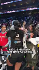 In a post-game celebration after a thrilling overtime win, WNBA star Angel Reese shares heartfelt hugs with her family and fans inside the arena. Wearing her black jersey with 'Reese' and 'AT&T' on the back, she embraces loved ones amidst the jubilant crowd, capturing the raw emotion of a hard-fought victory. by @wnba with Original Sound by wnba