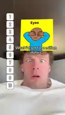 Watch Dylan Terryberry take on the viral 'What I'd Sell for a Million Dollars' challenge. See his hilarious reactions as he decides which body part he would sacrifice for a million dollars, starting with eyes and moving through legs, a kidney, hands, tongue, teeth, appendix, nose, and ears. This fun and engaging social media trend features a countdown list and a series of cartoon prompts. by @datloading with datloading by Original Sound