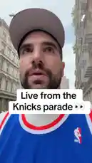 A Yahoo Sports reporter captures the electric atmosphere of the New York Knicks championship parade. Filmed in a selfie style, he walks through the streets with fans, including a young boy wearing a jersey, as he describes the massive turnout and celebratory mood. He compares the event to a 'religious experience' and a 'pilgrimage,' highlighting the significance of the moment for the city. by @yahoosports with Original Sound by yahoosports