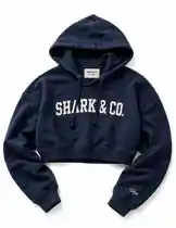 This video showcases a navy blue cropped hoodie from Mark The Shark, featuring a bold 'SHARK & CO.' graphic across the chest. The garment includes a drawstring hood, ribbed cuffs, and a relaxed fit, highlighting modern streetwear style. by @mts550 with original sound