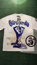 Watch as the new Hellstar 'Yoga School of Enlightenment' t-shirt is revealed in this unboxing video by @flacoplugz. The white tee features bold blue and gold graphics, including a striking silhouette and radiant sunburst design, all presented on a textured green background. This look combines edgy streetwear aesthetics with a spiritual twist. by @flacopyo with original sound