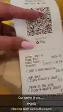 la_kari365 님이 만든 Original Sound 포함 @la_kari365 님이 만든 A close-up shot shows a restaurant receipt from server Kari G, check #141. The order includes a 'SURF & SURFExecutive' meal for $28.00, a 'Cluck-N-Gauffre (Goof)' (likely a play on 'Cluck-N-Glue'), and a 'Buttermilk Fried Chicken Breast'. The receipt is dated July 30th, 2023, at 1:40 PM, and features a QR code for G Pay.