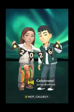 This festive scene features animated avatars celebrating the arrival of 2026. A couple holds a '2026' banner against a stunning aurora borealis backdrop. A hot dog avatar dances joyfully in the foreground. Text overlays announce 'Celebrate!' and 'Jonas Brothers,' suggesting a themed party or event. The username '@NOT_CALLIE21' is visible at the bottom. by @futureflash351 with Celebrate! by Jonas Brothers