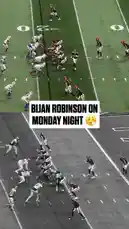 Witness Bijan Robinson's electrifying touchdown run during a Monday Night Football game. This split-screen view captures the play from multiple angles, showcasing his speed and agility as he breaks free and scores, with the announcer confirming the touchdown. by @nfl with Original Sound by nfl
