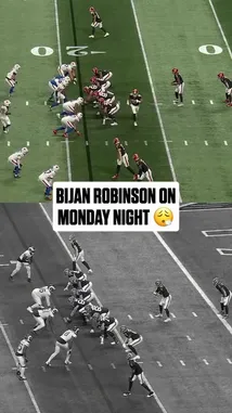 Witness Bijan Robinson's electrifying touchdown run during a Monday Night Football game. This split-screen view captures the play from multiple angles, showcasing his speed and agility as he breaks free and scores, with the announcer confirming the touchdown. by @nfl with Original Sound by nfl