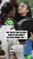 In a heartwarming post-game moment, Seattle Seahawks wide receiver DK Metcalf removes his jersey and hands it to Logan Thomas' son. The young fan, a big fan of Metcalf, is seen receiving the gift with excitement, while Thomas himself looks on. This spontaneous act of sportsmanship and kindness captures the positive spirit of the NFL. by @nfl with Original Sound by nfl
