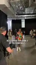 The Las Vegas Aces arrive at the arena for Game 2 of the semifinals. Players and staff walk through the backstage area, greeted by media and cameras before heading to the court. by @wnba with Original Sound by wnba