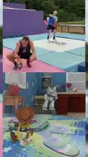 This split-screen video showcases a dynamic stunt performance. In the top half, a man in a black tank top lies on a blue mat while another person in a blue shirt performs a backflip onto him. In the bottom half, animated characters from 'Toy Story' are shown in a room with a Buzz Lightyear poster. The text 'ANDY'S COMING!' appears on screen, referencing the movie. by @winchumbo with Original Sound by winchumbo