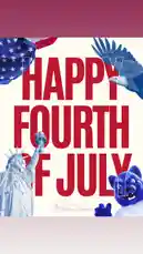오리지널 사운드 포함 @sbvalleycollege 님이 만든 This static graphic from San Bernardino Valley College features bold red text reading 'HAPPY FOURTH OF JULY' against a patriotic backdrop. The design includes iconic American symbols like the Statue of Liberty, an American flag, and a bald eagle, alongside the college's blue panther mascot. The celebratory image is presented over a background of upbeat electronic music, creating a festive atmosphere for the holiday.