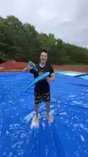 Watch Bob Reese attempt four hilarious ways to use a scooter on a slip 'n slide, followed by a joke about slippery surfaces. The fun continues with five different ways to use a yoga ball, including a comical backflip fail into a pool. Bob then shares his mom's compliment on his backflips before a dramatic trampoline flip tutorial begins, all while it starts to rain. by @bob_reese with Original Sound by bob_reese
