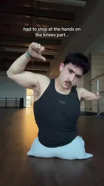 Watch dancer Timur attempt a viral dance move from the 'hands on knees' part. He hilariously stops mid-routine, laughing at his own struggle. This authentic moment captures the fun and difficulty of trending social media dances. by @onelimbtim with Original Sound by Contains: Thot Shit - Megan Thee Stallion
