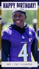 A celebratory birthday tribute to Baltimore Ravens wide receiver Zay Flowers. The image features him smiling in his purple Ravens jersey with the number 4, set against a festive graphic background with 'HAPPY BIRTHDAY!' text. This fan-made card highlights his role as a key player for the team. by @bltravens with original sound