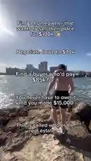 A shirtless man walks along a rocky beach near a city skyline, explaining a 'wholesale real estate' strategy. Text overlays detail the process: find a homeowner selling for $100k, negotiate down to $70k, then sell to a buyer for $85k, making a $15,000 profit without ever owning the property. A Puerto Rican flag waves in the background. by @cloud_ventures with cloud_ventures by Original Sound