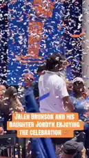 In a heartwarming moment captured during a New York Knicks celebration, star player Jalen Brunson is seen joyfully celebrating with his young daughter, Jordyn. The scene is filled with flying confetti and the team's iconic blue and orange colors, creating a festive atmosphere. This candid family moment highlights the personal side of a professional athlete amidst a major sports victory. by @yahoosports with Original Sound by yahoosports