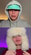 In this split-screen video, S E B A S 🧸 demonstrates a fun hat transformation challenge. In the top half, he wears a grey hoodie with a light blue visor cap. In the bottom half, he sports a fluffy white trapper hat against a purple background. Both halves feature him making various facial expressions and gestures, creating a playful and entertaining visual comparison. by @twinksebass with Original Sound by Contains: I'm a Gurkey Turkey - Funnel Vision