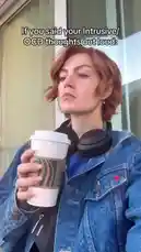 In this candid video, internet personality Kallmekris shares a moment of vulnerability, exploring the theme 'If you said your intrusive/OCD thoughts out loud.' She is seen in various settings, including outdoors and indoors, holding a coffee cup and later a fork with a french fry. Her expressive reactions and direct-to-camera delivery create a relatable and honest portrayal of living with intrusive thoughts. by @kallmekris with original sound