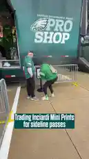 A fan trades his 'Incari Mini Prints' for a signed Jordan Davis photo and sideline passes at Lincoln Financial Field. He shares his excitement with his father and daughter before heading to the field to watch the Philadelphia Eagles game. by @eagles with Original Sound by eagles