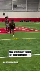 NFL wide receiver Tank Dell showcases his impressive speed and agility during an indoor training session. Watch as he performs explosive sprints and sharp cuts around cones, demonstrating the intense preparation behind his comeback. This exclusive look at his off-season regimen highlights the dedication required to succeed at the professional level. by @nfl with Original Sound by nfl