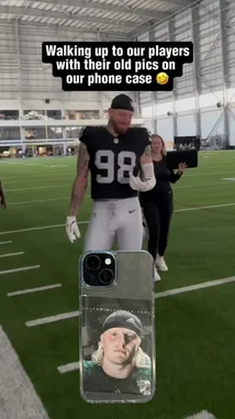 In this fun behind-the-scenes look, Las Vegas Raiders players walk into their team facility and react with surprise and laughter upon seeing old photos of themselves on someone's phone case. From childhood pictures to college football days, the players share genuine moments of nostalgia and humor. by @raidersofficial with Original Sound by raidersofficial