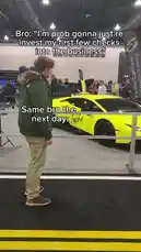 In this viral moment, a young man walks through a car show, starting with his initial plan to 'reinvest his first few checks into the business.' The very next day, he's casually strolling past a yellow Lamborghini, a McLaren, and other luxury supercars. The stark contrast humorously illustrates a rapid transformation in lifestyle and spending habits. by @cloud_ventures with cloud_ventures by Original Sound