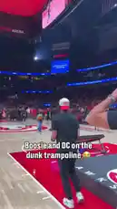 Witness the Atlanta Hawks' pre-game entertainment as rappers Boosie and DC take over the dunk trampoline! This high-energy segment captures their athletic attempts to slam the ball through the hoop, showcasing a unique blend of music and basketball culture in front of a packed crowd. by @atlhawks with Original Sound by atlhawks