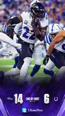 A dynamic highlight from a Baltimore Ravens game shows running back T. Rowe Price (#22) breaking through the Indianapolis Colts' defense during the first half. The scoreboard graphic indicates the Ravens lead 14-6 at halftime, capturing a pivotal moment of offensive success. by @bltravens with original sound