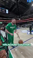 A Dallas Mavericks player demonstrates his long-range shooting skills during practice, successfully making a half-court shot. He celebrates with teammates after the impressive play. by @mavs with Original Sound by mavs