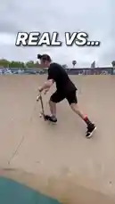 This is a 'Real vs AI' challenge video featuring Bob Reese attempting various stunts like skateboarding, trampoline flips, and pool dives. The video compares his real-life attempts with AI-generated versions of the same actions, showcasing both the impressive capabilities of AI and the hilarious reality of trying these stunts yourself. by @bob_reese with Original Sound by bob_reese
