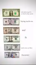 This humorous graphic ranks U.S. dollar bills by how often you actually use them. It starts with the $1 bill, used daily for school snacks, and climbs up to the $100 bill, which is described as 'Awesome!' and rarely seen. The text on each bill changes slightly, adding to the comedic effect. by @rizznmemes with Original Sound by Contains: Feels - Calvin Harris feat. Pharrell Williams, Katy Perry & Big Sean