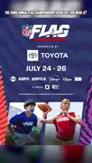 The official NFL Flag Championships are set to take place from July 24-26, presented by Toyota. This promotional graphic announces the event details and broadcast information, highlighting that all games will be streamed live on ESPN, ESPN2, Disney+, and NFL+. The image features two young athletes, a boy and a girl, in their respective team jerseys, ready to compete. by @nfl with Original Sound by nfl