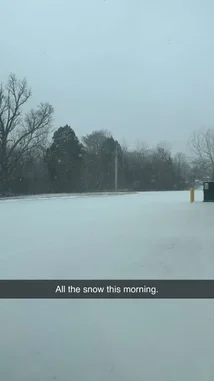 A serene, snow-covered landscape captured by Kenneth this morning. The scene features a vast expanse of fresh white snow under a gray sky, with bare trees and a utility pole in the background. Falling snow adds motion to the stillness, creating a peaceful winter atmosphere. by @ken_sutton23 with original sound