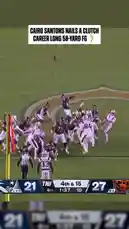 Watch the pivotal moment as Chicago Bears kicker Cairo Santos nails a clutch 58-yard field goal during a tense NFL game against the New England Patriots. This career-long kick, made in the 4th quarter with just over a minute remaining, showcases Santos' skill under pressure. The play is captured from multiple angles, including the snap, kick, and the ball soaring through the uprights, followed by the team's celebration. by @nfl with Original Sound by nfl