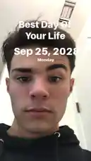 A young man named Barry looks directly into the camera in a selfie-style recording. The image is overlaid with large white text reading 'Best Day Of Your Life' followed by 'Sep 25, 2028' and 'Monday'. He has dark hair and is wearing a black hoodie. The setting appears to be indoors, possibly a hallway. The overall tone is personal and reflective. by @futureflash351 with original sound