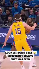 In a tense moment during a Thunder vs Lakers game, the camera captures a close-up of player Shai Gilgeous-Alexander (SGA) as he prepares to take a crucial shot. His intense concentration and focused eyes are highlighted, showcasing his 'locked-in' mentality just before the play. The crowd's anticipation builds as SGA drives towards the basket and scores the game-winning layup, celebrating with his teammates. by @nba with Original Sound by nba