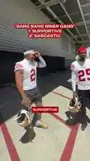 A group of San Francisco 49ers football players are featured in a lighthearted team-building moment. They walk through their training facility, posing for the camera with various expressions labeled 'Supportive' and 'Sarcastic'. The players, including those wearing jerseys #2, #25, #44, #99, #38, #28, #94, and #57, showcase camaraderie and playful banter, embodying the team's energetic culture. by @sf49ers with Original Sound by sf49ers