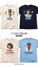 This video presents a collection of four t-shirts themed around the USA's 250th anniversary. Two designs feature a man in sunglasses and a tie, while the other two feature a woman in a pink dress. The text 'USA' and 'Celebrating 250 Years' is prominent on the top two shirts, while the bottom two read 'Let's Party Like It's 1776'. The video is static, displaying the shirts against a white background. by @mts550 with original sound